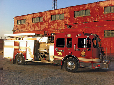 The Engine 3 crew in downtown Tulsa investigating potential bowstring truss construction. 