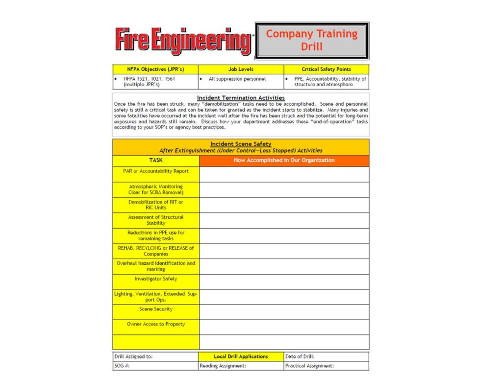 firefighter training drill incident termination acivities