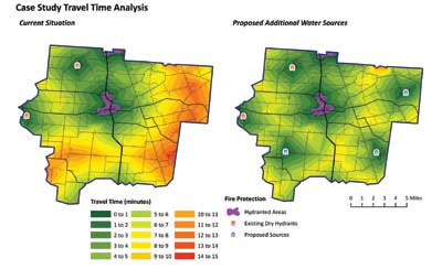 One-way travel time in minutes from existing (left) and proposed (right) developed water sources. Orange and red areas represent those most distant from a water supply. Purple areas are within 1,000 feet of pressurized hydrants. 