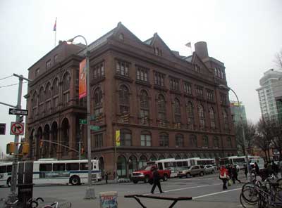 Cooper Union (Landmark Foundation Building) for the Advancement of Science and Art reveals its saw-tooth roof silhouette when observed from the Northwest.