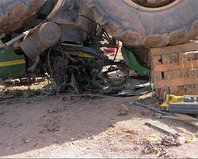 (1) The driver's compartment of the John Deere 9360 tractor. [Photos courtesy of the De Pere (WI) Fire Rescue Department.]