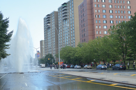 The powerful stream of water coming from the broken main will undermine the roadway and could damage the underground gas, electric, steam, and telephone lines. In addition, the nearby hydrants may be dry or underpressured as a result.>