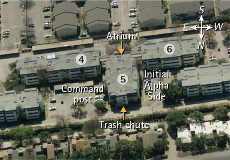 (2) In this aerial view, the center T-shaped structure’s components are Building 4 (left), Building 5 (center), Building 6 (right). <i>(Image © 2013 Google Earth.)</i>