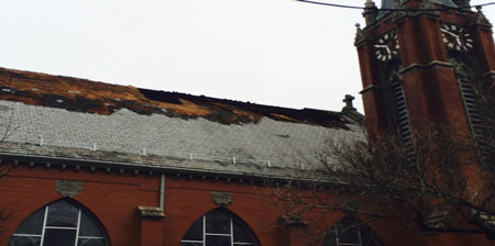 (5) The heavy slate- and wood-covered roof. 