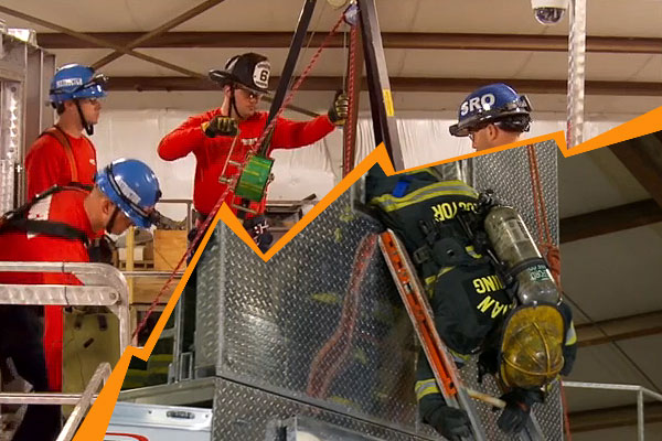 At left, firefighters conduct confined space training, while at bottom right a firefighter bails out of a window.