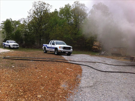 (1) Should we be metering at the command post and where the rapid intervention crews stages as well? These are the reading we obtained while at the hood of the second truck in the photo: CO 44ppm and HCN 10.0 ppm. Pump operators are also exposed to the toxins. [Photo courtesy of Captain Eric Smith, Springdale (AR) Fire Department.]