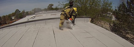 (3) The saw operator and the safety firefighter encounter white dust, the only indication of a gypsum roof deck. Besides the dust, the only other way to know if you are on a gypsum roof deck would be through prior knowledge or an inspection. 