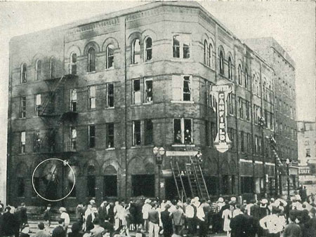 (1) Operations at the 1946 Hotel Canfield fire involved the original four-story 1891 Paris Hotel section. The circle shows where flames prevented the use of the fire escape. The taller 1925 addition is to the far right. (Photos 1, 5, and 6 courtesy of Fire Engineering.)