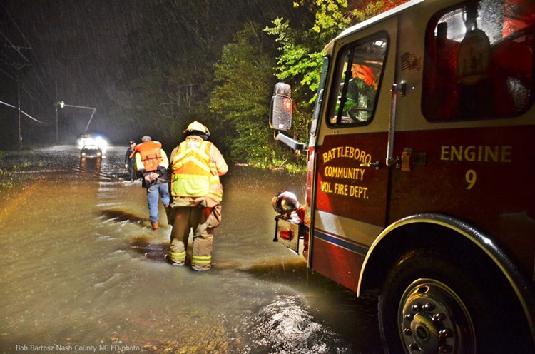 Battleboro firefighters responding to flood emergencies brought on by Hurricane Matthew.