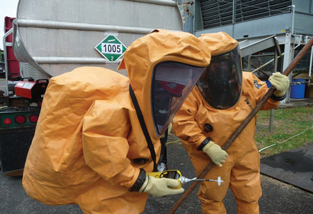 (3) Hazardous materials entry team members in the hot zone take a reading with a photoionization detection instrument. An exercise controller accompanied the team to inform them of the simulated instrument readings. 