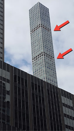 (2) An 89-story, super-tall “pencil” building. The arrows indicate the “drum” floors. 