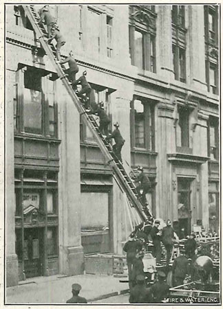 (1) Firefighters ascend the aerial ladder at the 1912 Fire Prevention Day demonstration. 