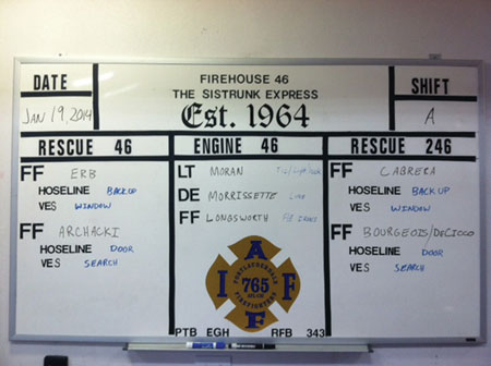 (11) The morning lineup has personnel assignments for the hoseline and for a possible VEIS scenario.