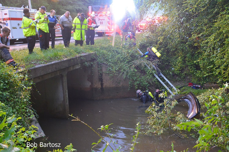 Firefighters use a ladder to peform dive rescue operations on a car submerged in a waterway