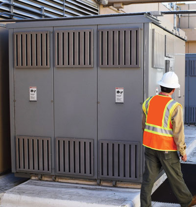 (3) A typical dry transformer. They may be located inside the building or on the roof.