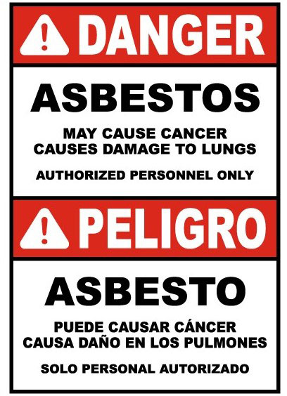 Asbestos warning in English and Spanish