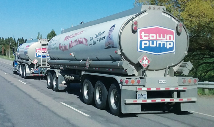 A double tanker truck/trailer combination, which is only legal on the highways of some states, such as Montana. 