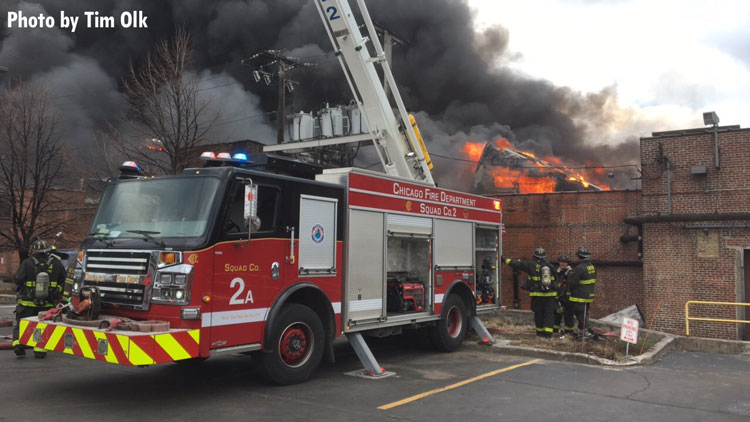 Fire apparatus at the scene of a raging Chicago fire