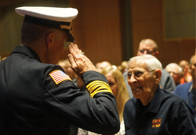 Longtime FDIC audiovisual (AV) team member Donnie Dymes was awarded a Distinguished Service Award at Opening Ceremony Day 2. Dymes served in the volunteer fire service in the Munnsville (NY) Fire Department and was a member of the U.S. Army during the Korean War. 