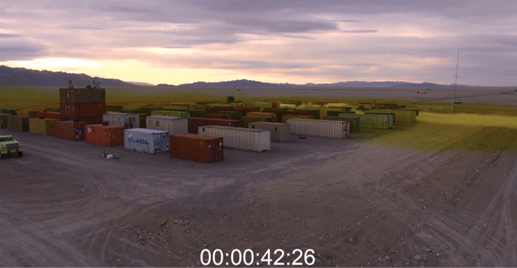 JR II Trial 5, 2015. This is a diagonal view from the northwest corner looking southeast toward the chlorine container release. Wind direction was almost directly centerline from the south at 182° and 2.7 m/sec (~6 mph). This view shows the inclination for the plume to move lateral to the wind. (Photo courtesy of Department of Homeland Security—Chemical Security Analysis Center.)