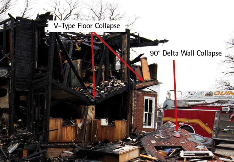 The 90 degree Delta wall collapse and V-type floor collapse in the Charlie quadrant. Note the collapse debris on the parked vehicle.