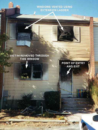 The townhouse fire in Delaware that seriously injured a volunteer assistant chief and injured two volunteer firefighters. (Photos courtesy of Centers of Disease Control and Prevention/National Institute for Occupational Safety and Health; https://www.cdc.gov/niosh/fire/reports/face200043.)html/).