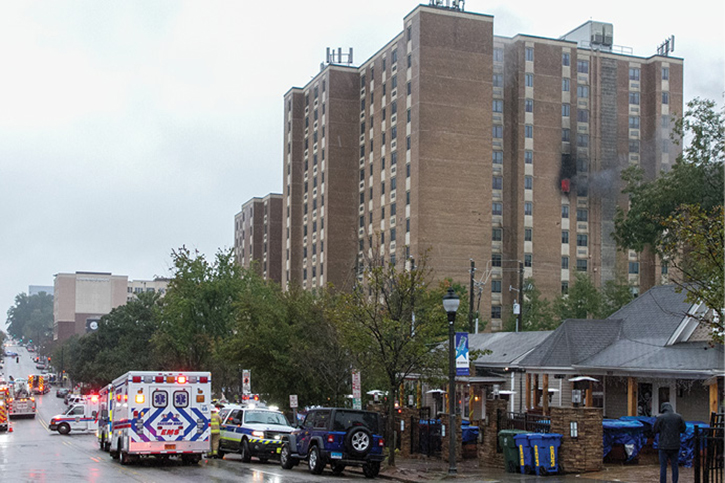 On the arrival of Ladder 4, fire was evident from a ninth-floor window on the West Johnson Street side. This incident reinforces the need to view all areas of the building on arrival to gain insight into expected conditions. After supplying the FDC on the Delta side, a lieutenant, knowing the interior floor layout, directed interior attack crews to the fire location from his position outside. (Photos by Mike Legeros.)