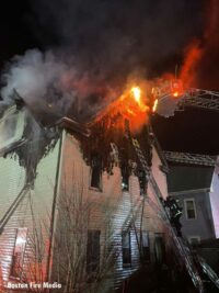 Ladders and aerial devices at Boston fire scene