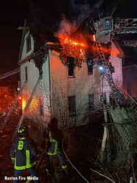 Firefighters operating at a major fire in Dorchester section of Boston