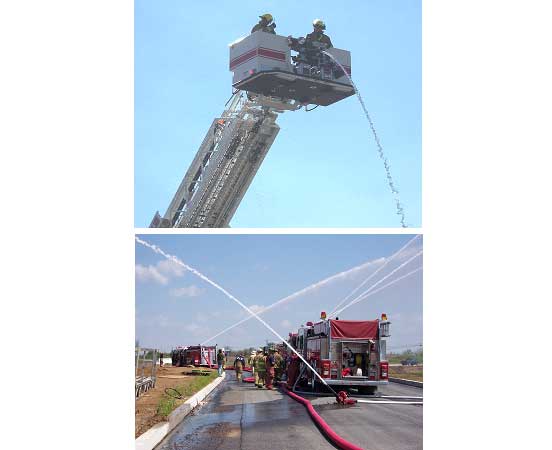 Firefighters in a bucket and fire apparatus