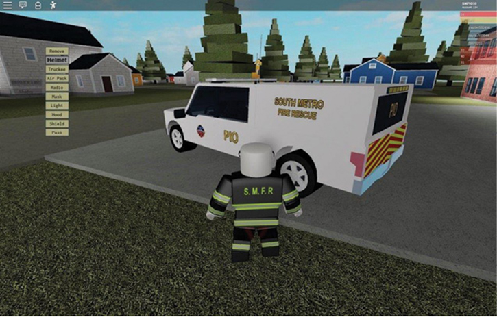 This screenshot of the South Metro Area Roblox video game shows a simulation world with duplicate stations, apparatus, and gear. It’s a safe place where SMFR YouTube subscribers pretend to work for our fire district.