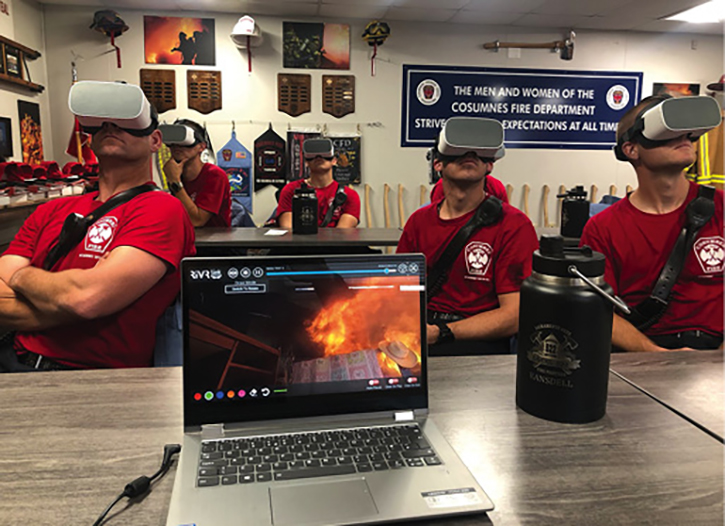 Firefighters undergoing virtual reality training