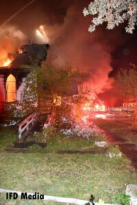 A view of fire and damage to the church