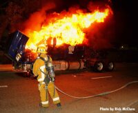 Flames shoot from a semi truck in Sun Valley, Los Angeles