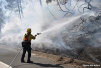 LAFD firefighter with hose stream at brush fire