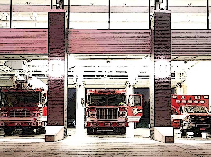 Houston fire trucks in apparatus bays