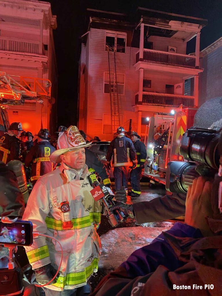 Boston Fire Commissioner Dempsey speaks to the media after the three alarm fire