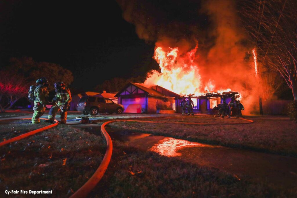 Raging flames from a house fire in Houston, Texas