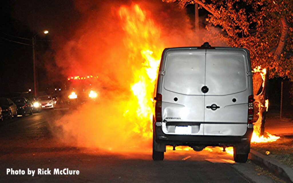 Van burning in Los Angles, California