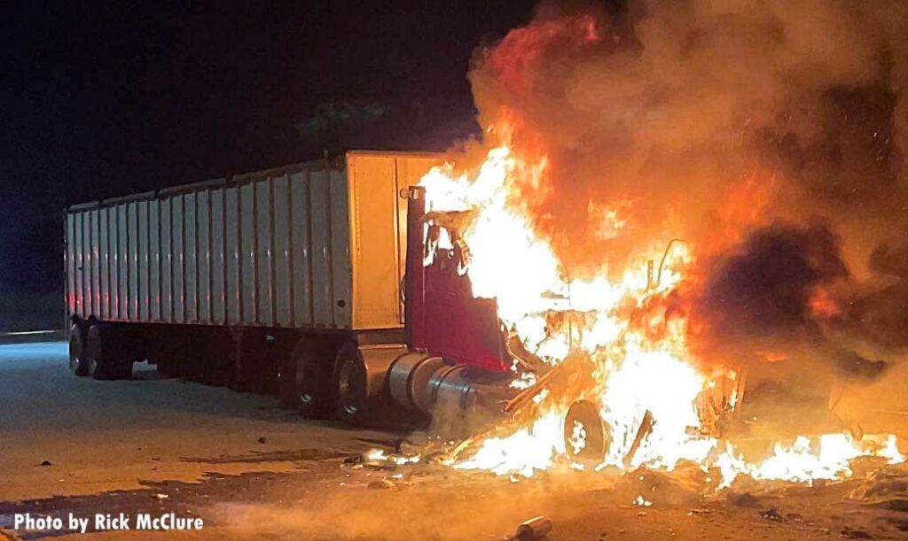 Semi trailer burning on a California freeway