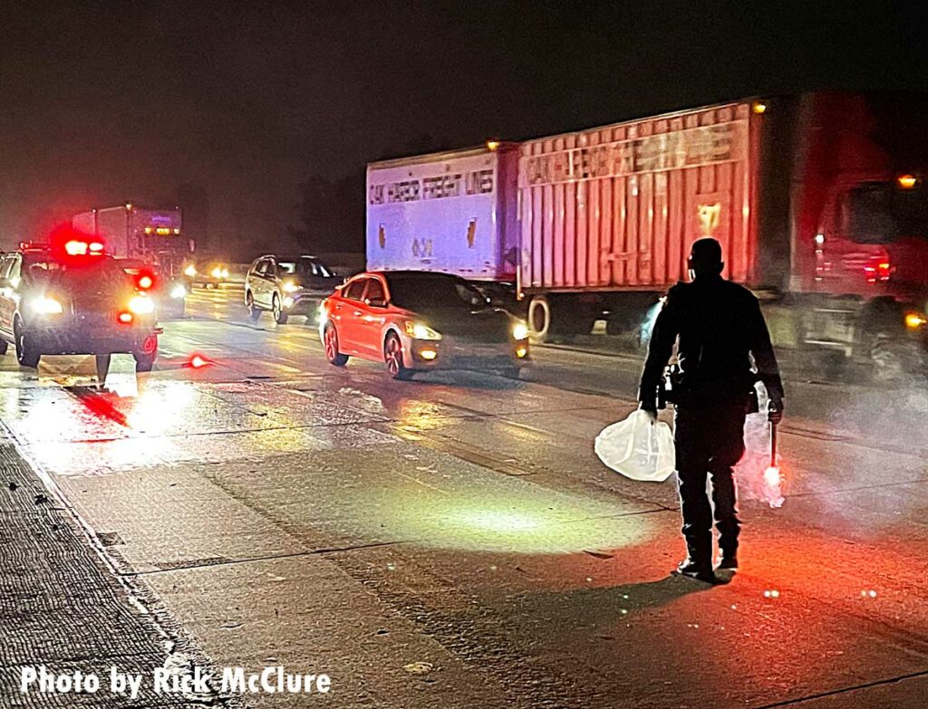 Traffic at scene of vehicle fire on Los Angeles freeway