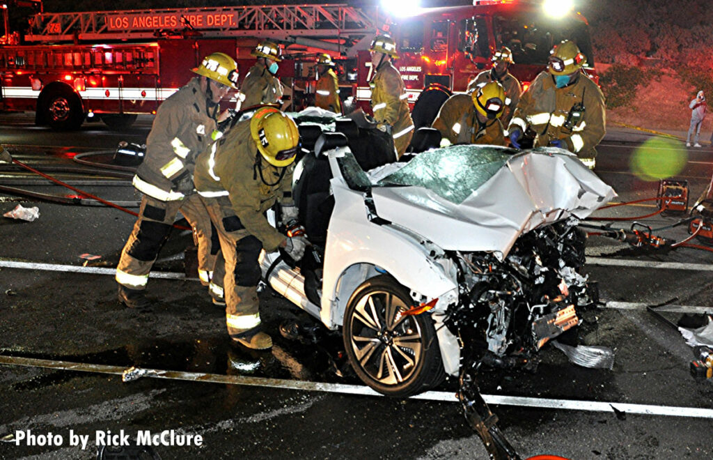 Firefighters perform vehicle extrication operations in Los Angeles