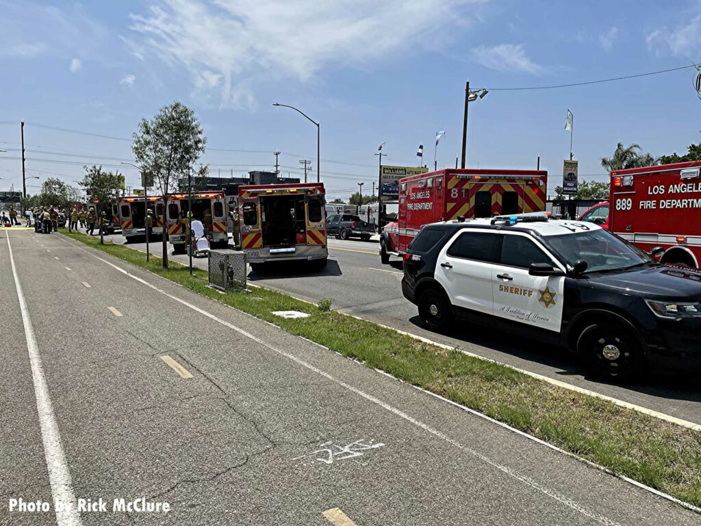 A sheriff's vehicle along with multiple LAFD ambulances