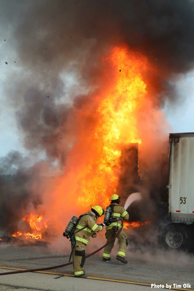 Firefighters at a semi fire in Illinois