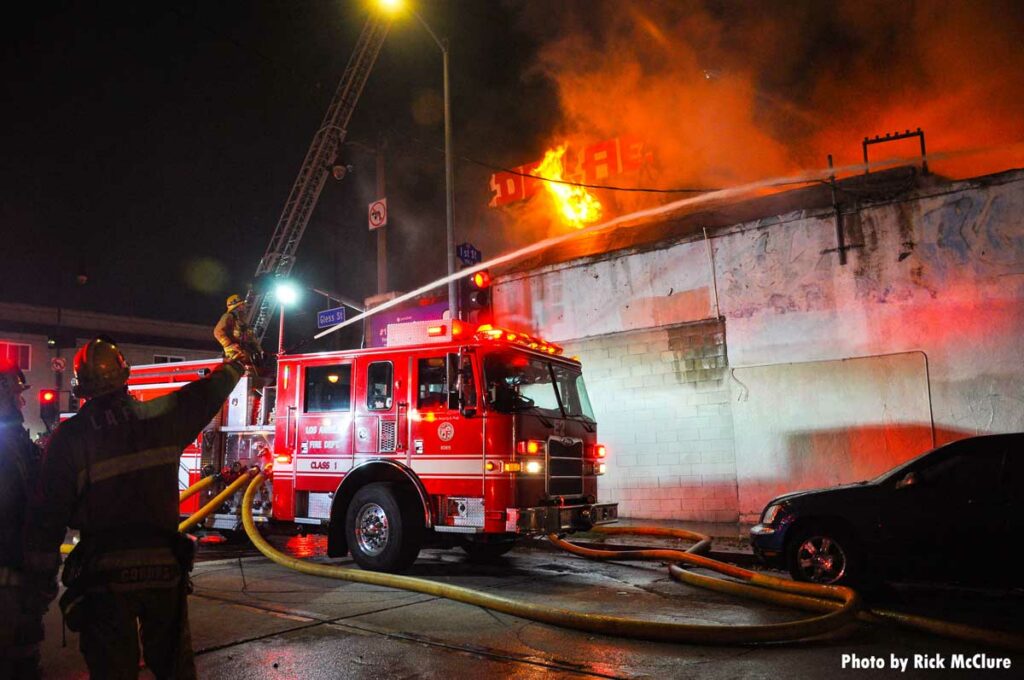 Fire from top of building with LAFD apparatus