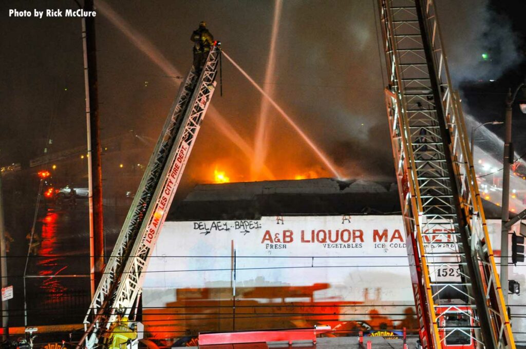 LAFD elevated master streams at structure fire