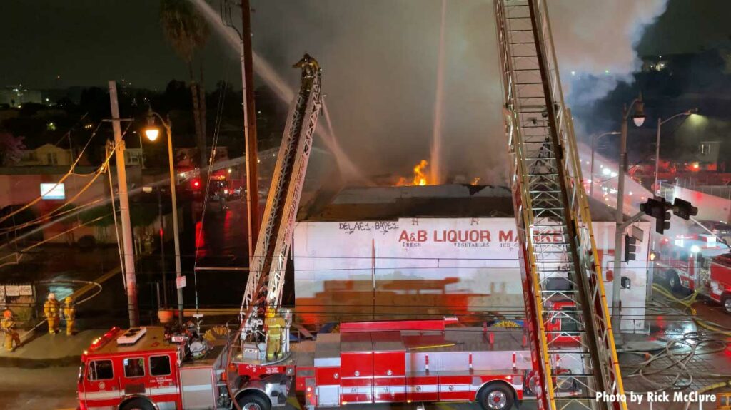 Multiple aerial ladders at fire in Los Angeles building