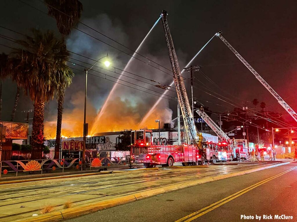 Array of LAFD fire apparatus at structure fire