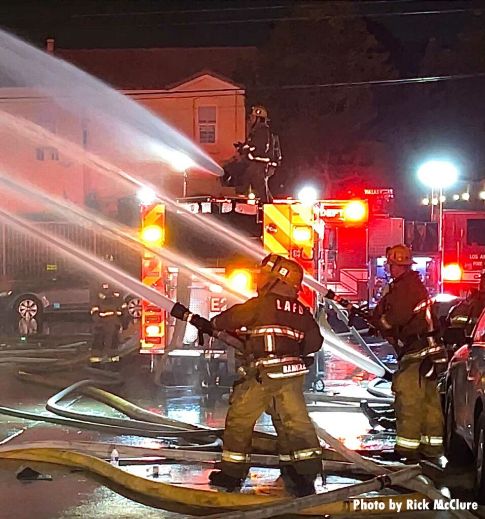 LAFD firefighters with hose streams