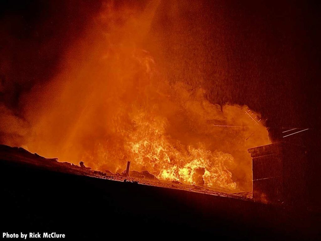 Flames rip through roof of building